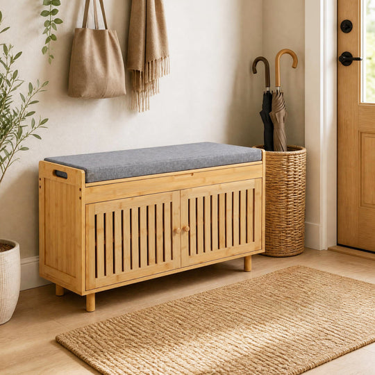 Bamboo Shoe Storage Bench with Lift Top & Cushion, 36"