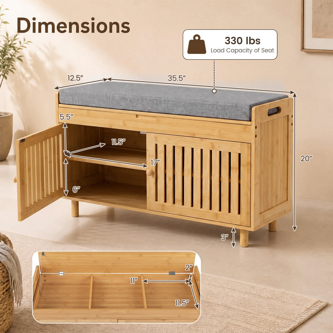 Bamboo Shoe Storage Bench with Lift Top & Cushion, 36"
