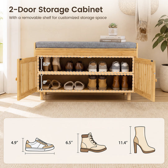Bamboo Shoe Storage Bench with Lift Top & Cushion, 36"