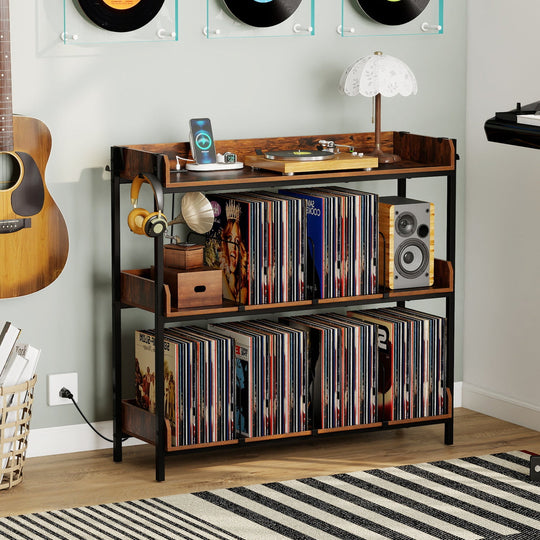 3-Tier Record Player Stand with Power Outlets & Metal Dividers