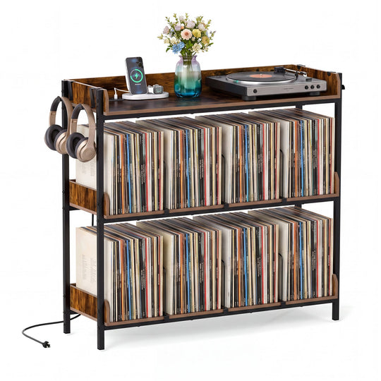 3-Tier Record Player Stand with Power Outlets & Metal Dividers