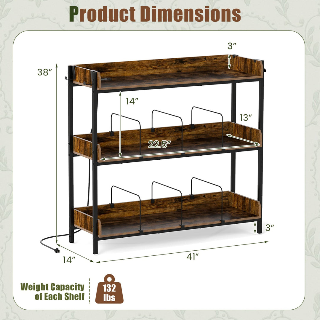 3-Tier Record Player Stand with Power Outlets & Metal Dividers