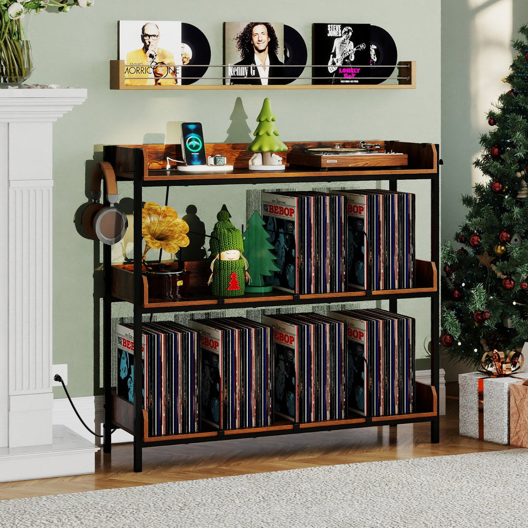 3-Tier Record Player Stand with Power Outlets & Metal Dividers