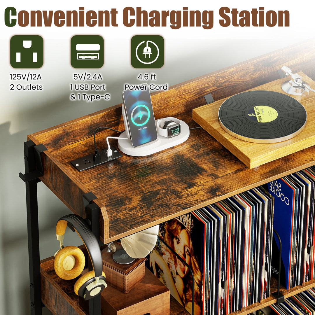 3-Tier Record Player Stand with Power Outlets & Metal Dividers
