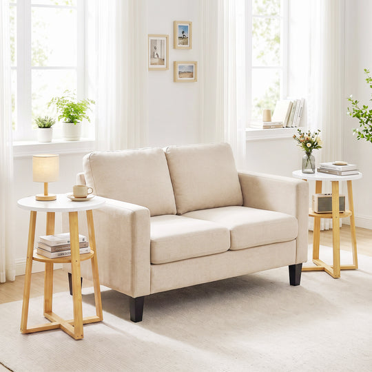 2-Tier End Tables Set of 2 with Lower Shelf X-shaped Base and Anti-Slip Foot Pads-White + Natural