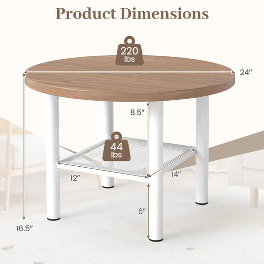Modern Round Coffee Table Metal Frame 2-Tier with Storage Shelf