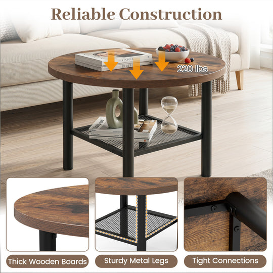 Modern Round Coffee Table Metal Frame 2-Tier with Storage Shelf