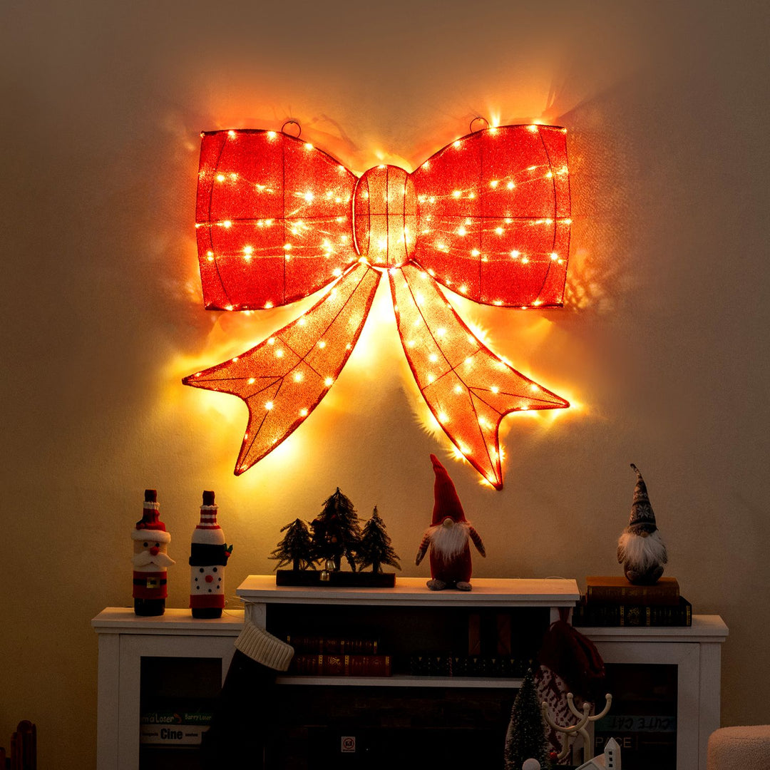 37 Inch Lighted Christmas Bow Decoration with Warm White LED Lights Set of 2