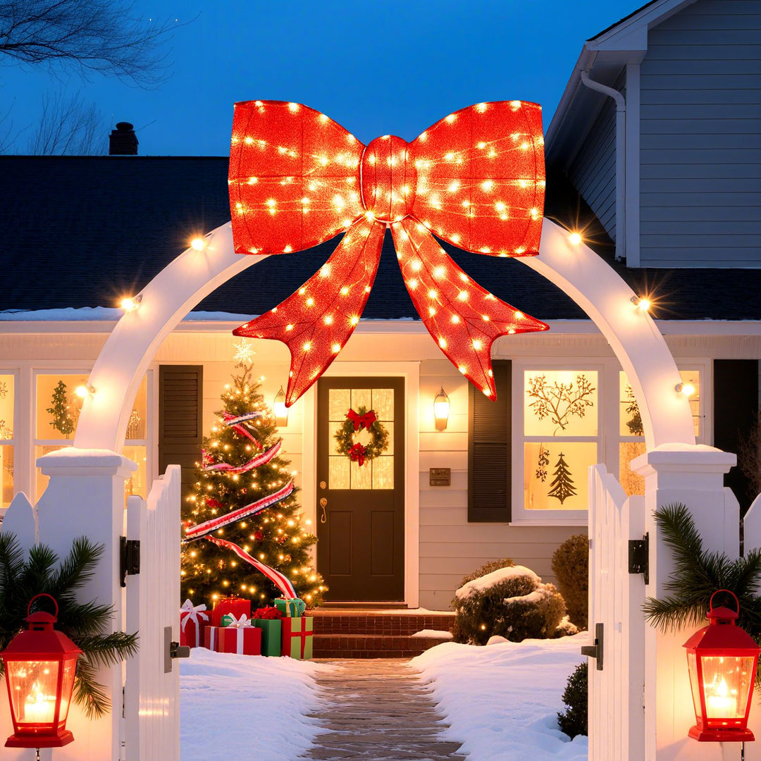 37 Inch Lighted Christmas Bow Decoration with Warm White LED Lights Set of 2