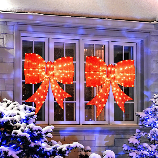 37 Inch Lighted Christmas Bow Decoration with Warm White LED Lights Set of 2