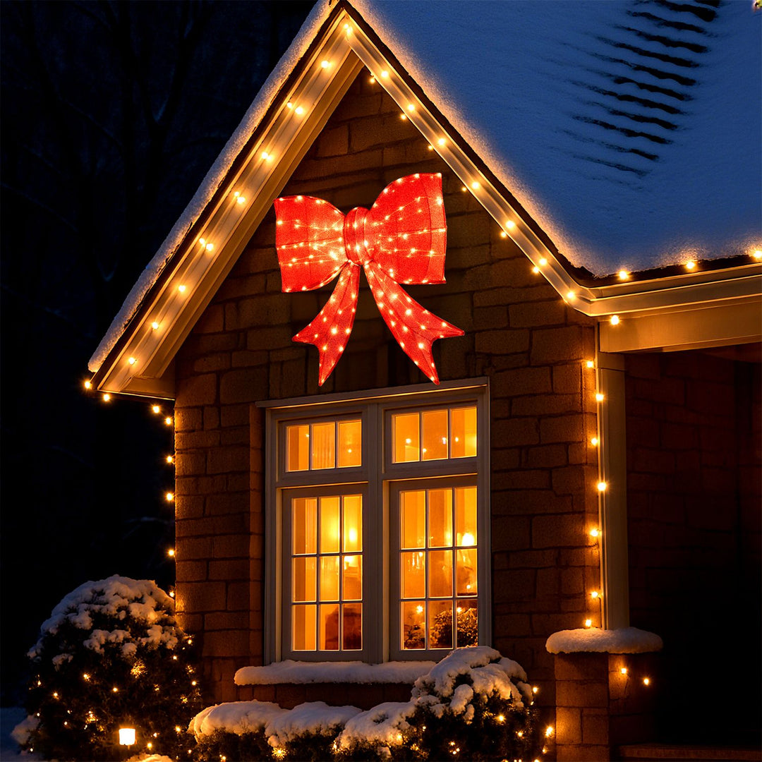 37 Inch Lighted Christmas Bow Decoration with Warm White LED Lights Set of 2