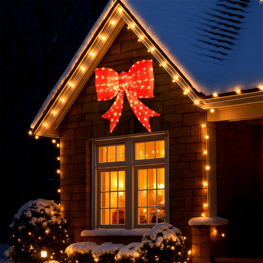37 Inch Lighted Christmas Bow Decoration with Warm White LED Lights Set of 2