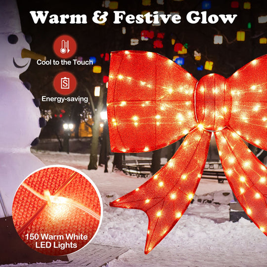 37 Inch Lighted Christmas Bow Decoration with Warm White LED Lights Set of 2