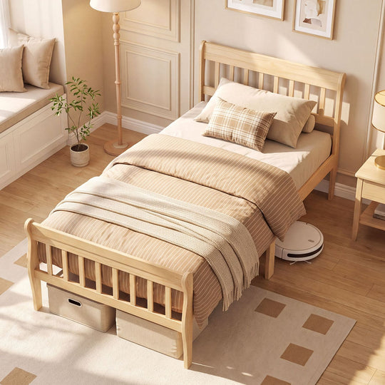 Solid Wood Platform Bed Frame with Headboard Wood Slat Support Natural