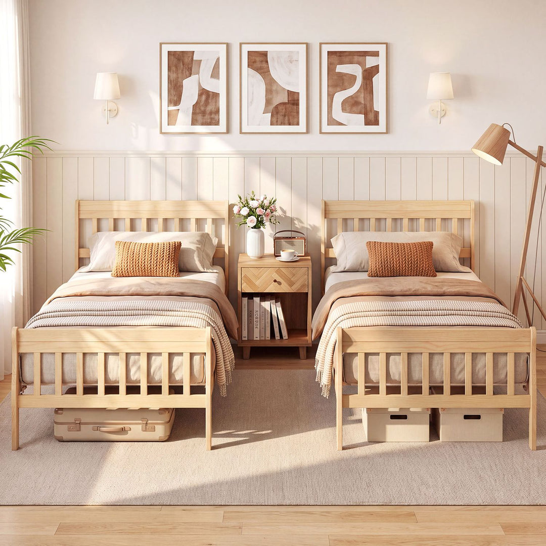 Solid Wood Platform Bed Frame with Headboard Wood Slat Support Natural