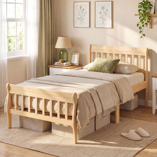 Solid Wood Platform Bed Frame with Headboard Wood Slat Support Natural