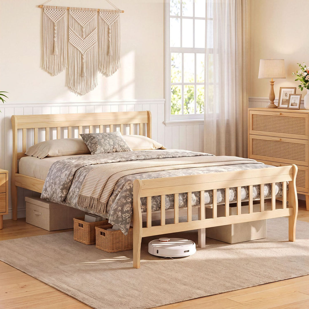 Solid Wood Platform Bed Frame with Headboard Wood Slat Support Natural