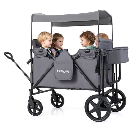 Foldable 4-Seater Push-Pull Wagon Stroller with Adjustable Canopy and Handles