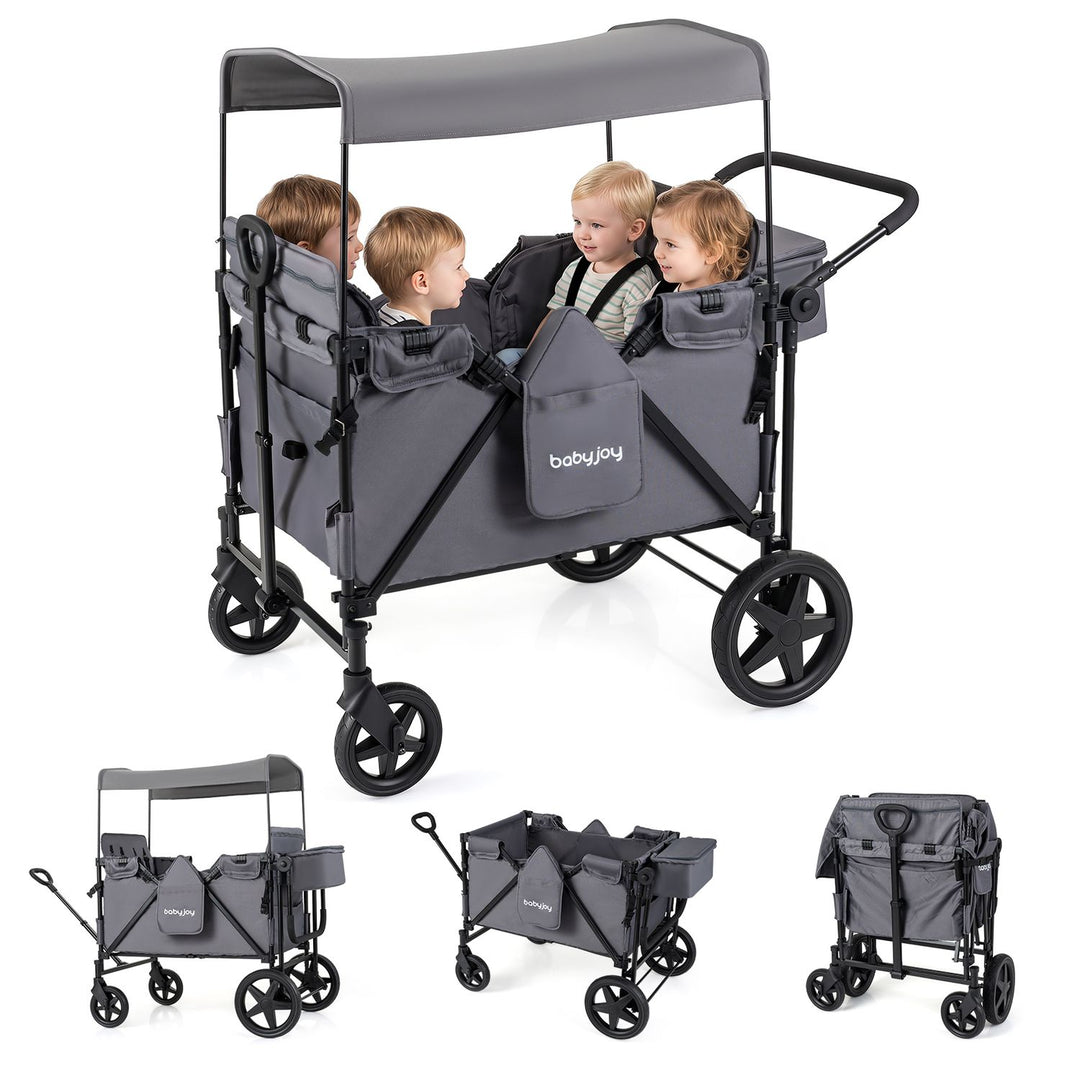 Foldable 4-Seater Push-Pull Wagon Stroller with Adjustable Canopy and Handles