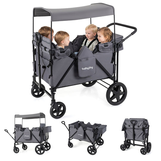 Foldable 4-Seater Push-Pull Wagon Stroller with Adjustable Canopy and Handles