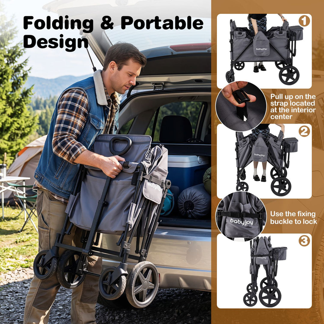Foldable 4-Seater Push-Pull Wagon Stroller with Adjustable Canopy and Handles
