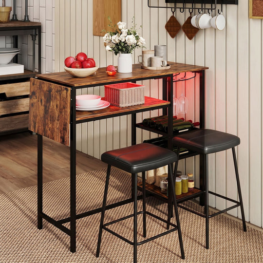 55" Drop-Leaf Counter Height Bar Table with LED Light and Remote Control for Small Space-Rustic Brown
