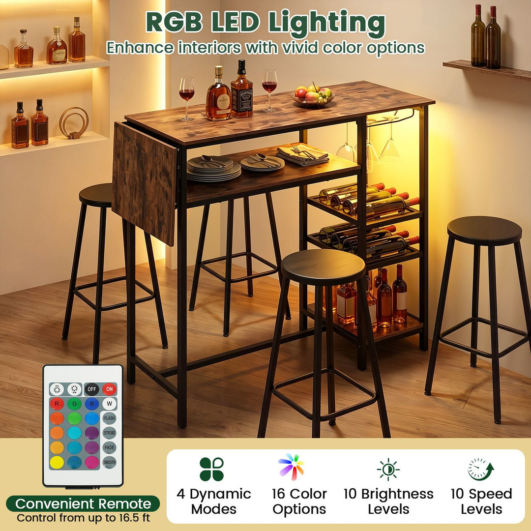 55" Drop-Leaf Counter Height Bar Table with LED Light and Remote Control for Small Space-Rustic Brown