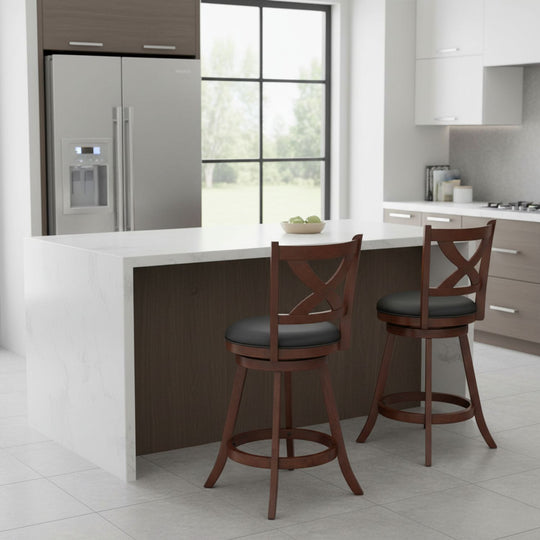24" Counter Height Stools 2 PCS with Hollowed Backrest Swivel Padded Seat and Footrest-Espresso