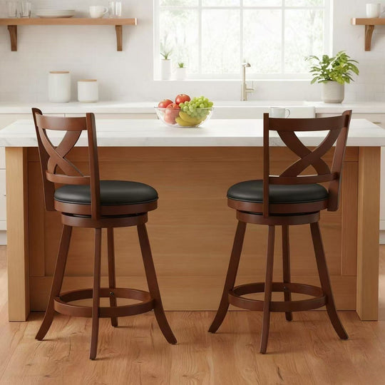 24" Counter Height Stools 2 PCS with Hollowed Backrest Swivel Padded Seat and Footrest-Espresso