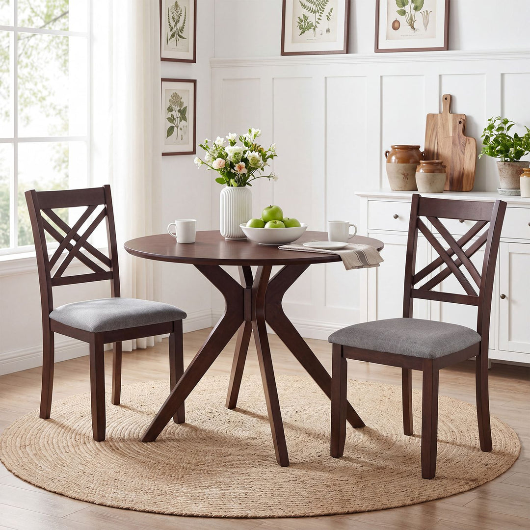 Wooden Dining Chairs Set of 2 with Fabric Padded Seat and Solid Rubber Wood for Kitchen