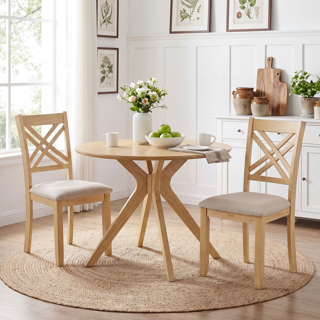 Wooden Dining Chairs Set of 2 with Fabric Padded Seat and Solid Rubber Wood for Kitchen