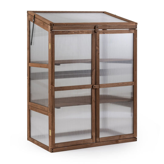 Fir Wood Greenhouse Cabinet with Transparent Flip-Top Roof and 2-Door Plants Shelf Protection