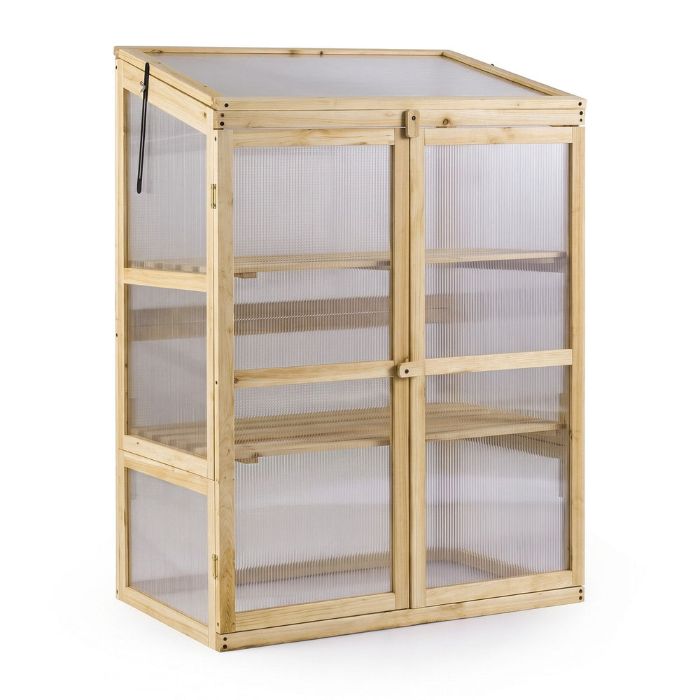 Fir Wood Greenhouse Cabinet with Transparent Flip-Top Roof and 2-Door Plants Shelf Protection