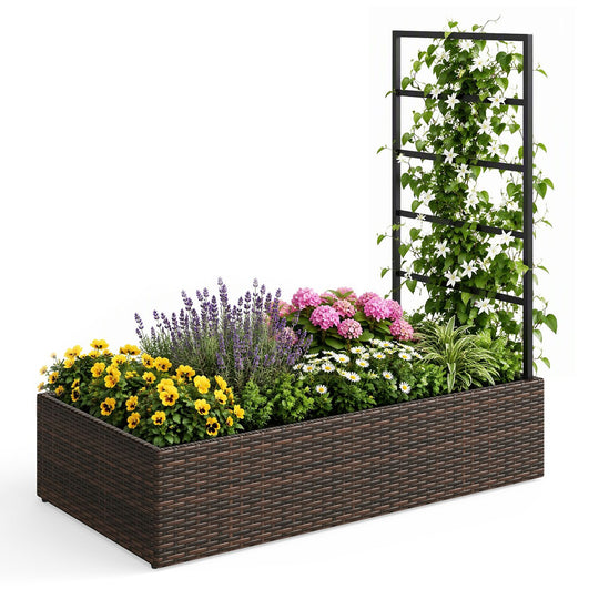 Rattan Raised Garden Bed with Trellis and Open-Ended Base for Patio Backyard Balcony-Brown