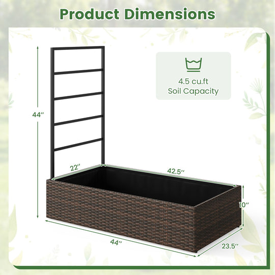Rattan Raised Garden Bed with Trellis and Open-Ended Base for Patio Backyard Balcony-Brown