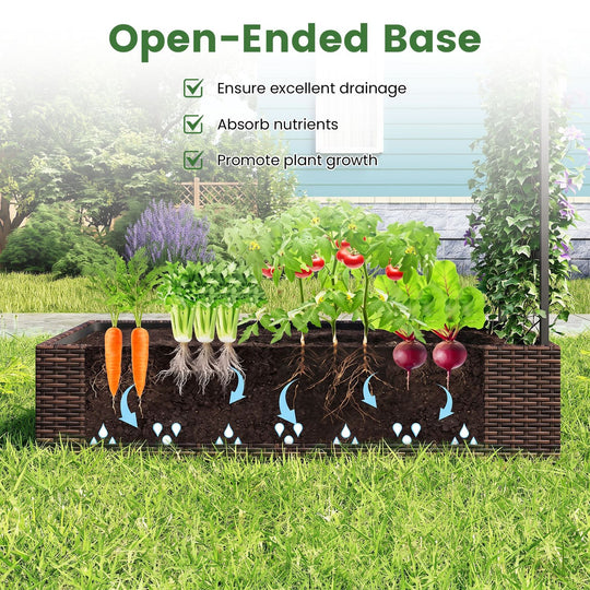 Rattan Raised Garden Bed with Trellis and Open-Ended Base for Patio Backyard Balcony-Brown