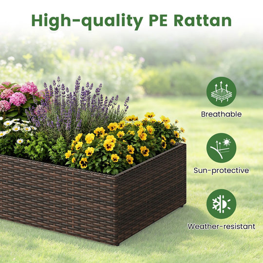 Rattan Raised Garden Bed with Trellis and Open-Ended Base for Patio Backyard Balcony-Brown