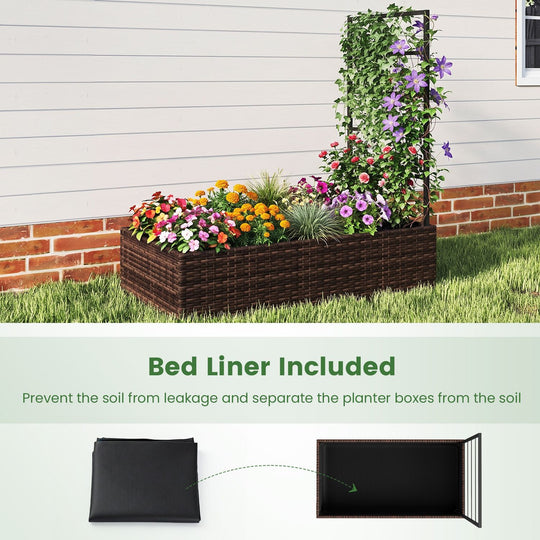 Rattan Raised Garden Bed with Trellis and Open-Ended Base for Patio Backyard Balcony-Brown