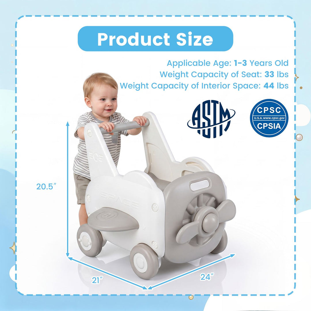3-in-1 Baby Airplane Shape Toddler Toy Box with Wheels and Tip-up Seat