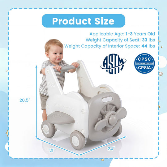3-in-1 Baby Airplane Shape Toddler Toy Box with Wheels and Tip-up Seat