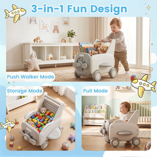 3-in-1 Baby Airplane Shape Toddler Toy Box with Wheels and Tip-up Seat