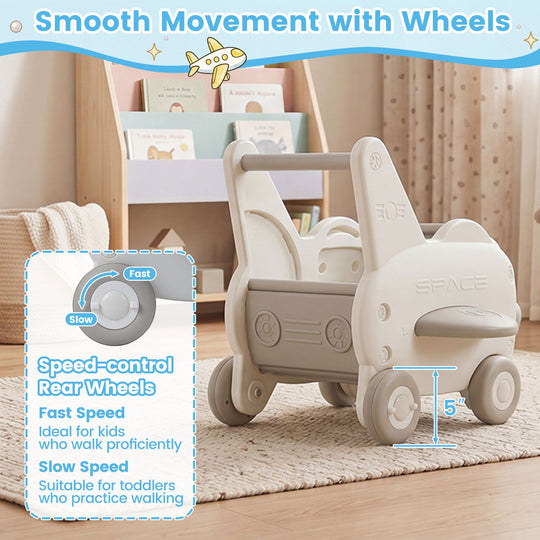 3-in-1 Baby Airplane Shape Toddler Toy Box with Wheels and Tip-up Seat