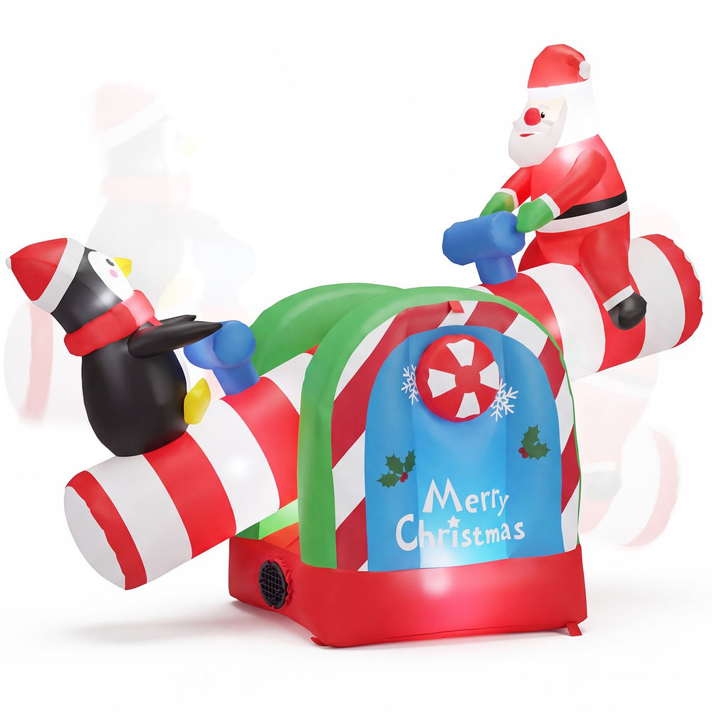 5.1 FT Inflatable Christmas Santa and Penguin Seesaw with LED Lights for Garden