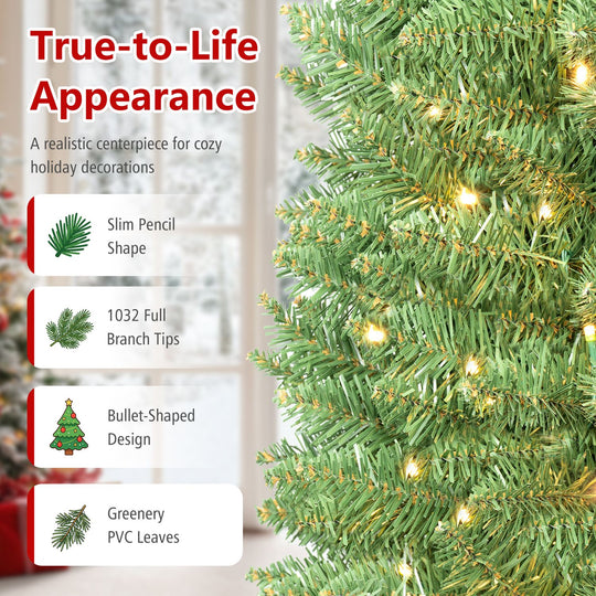 9 Feet Pre-lit Pencil Artificial Christmas Tree with 1032 Full Branch Tips