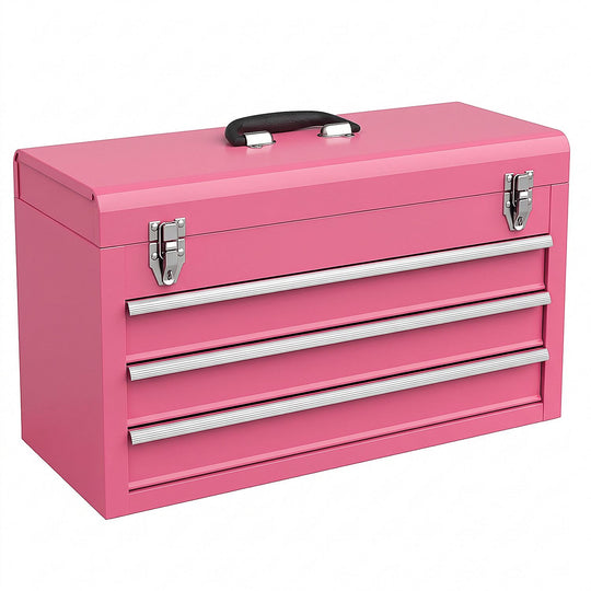 Portable Garage Mechanic Tool Cabinet Box with 3 Drawers-Pink