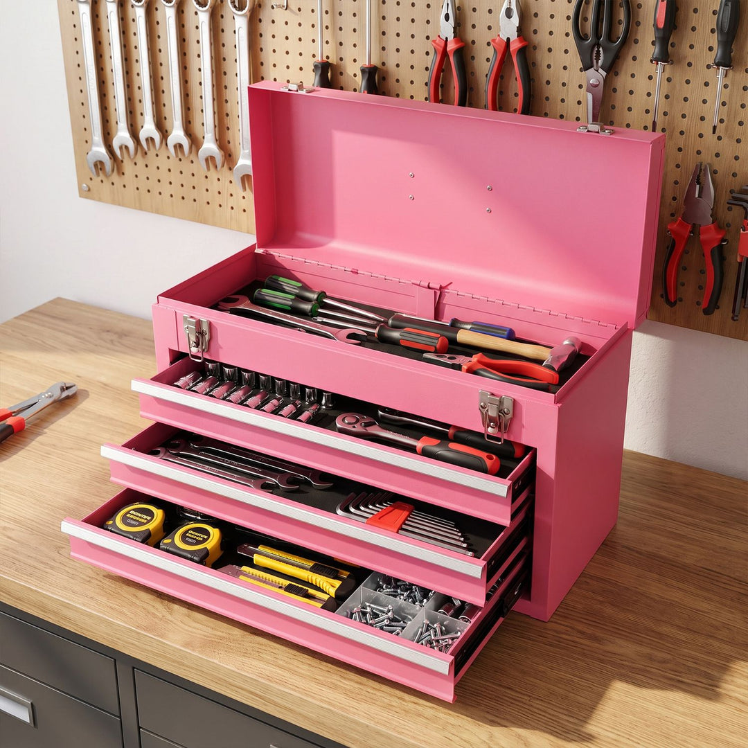 Portable Garage Mechanic Tool Cabinet Box with 3 Drawers-Pink