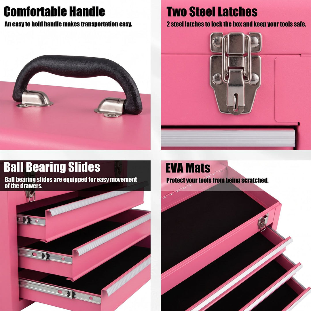 Portable Garage Mechanic Tool Cabinet Box with 3 Drawers-Pink