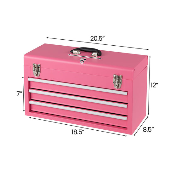 Portable Garage Mechanic Tool Cabinet Box with 3 Drawers-Pink