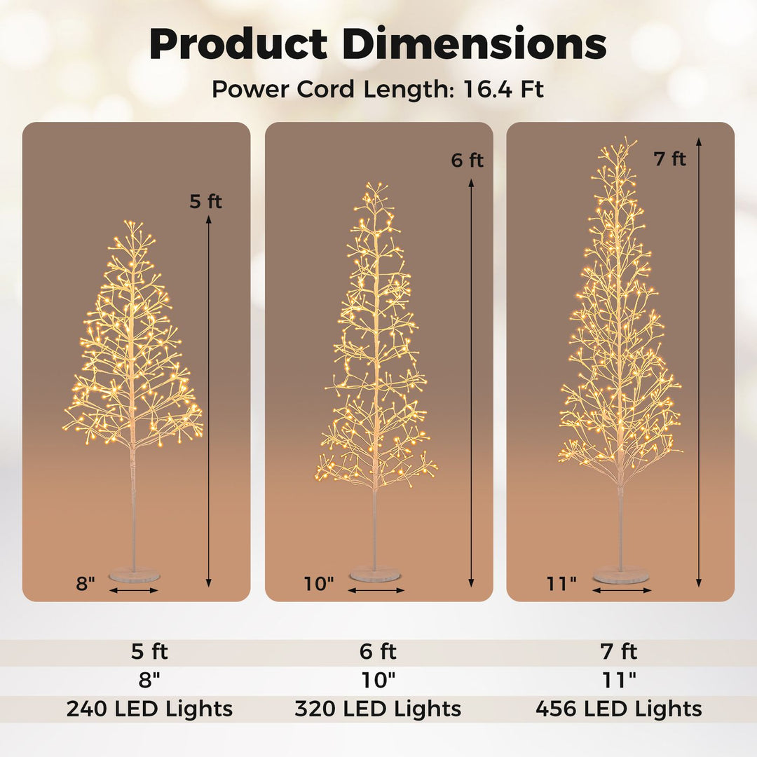 5/6/7 FT Lighted Birch Tree with 240/320/456 Warm White Light LED Lights and Weighted Base for Christmas