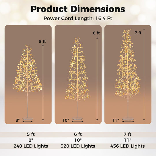 5/6/7 FT Lighted Birch Tree with 240/320/456 Warm White Light LED Lights and Weighted Base for Christmas